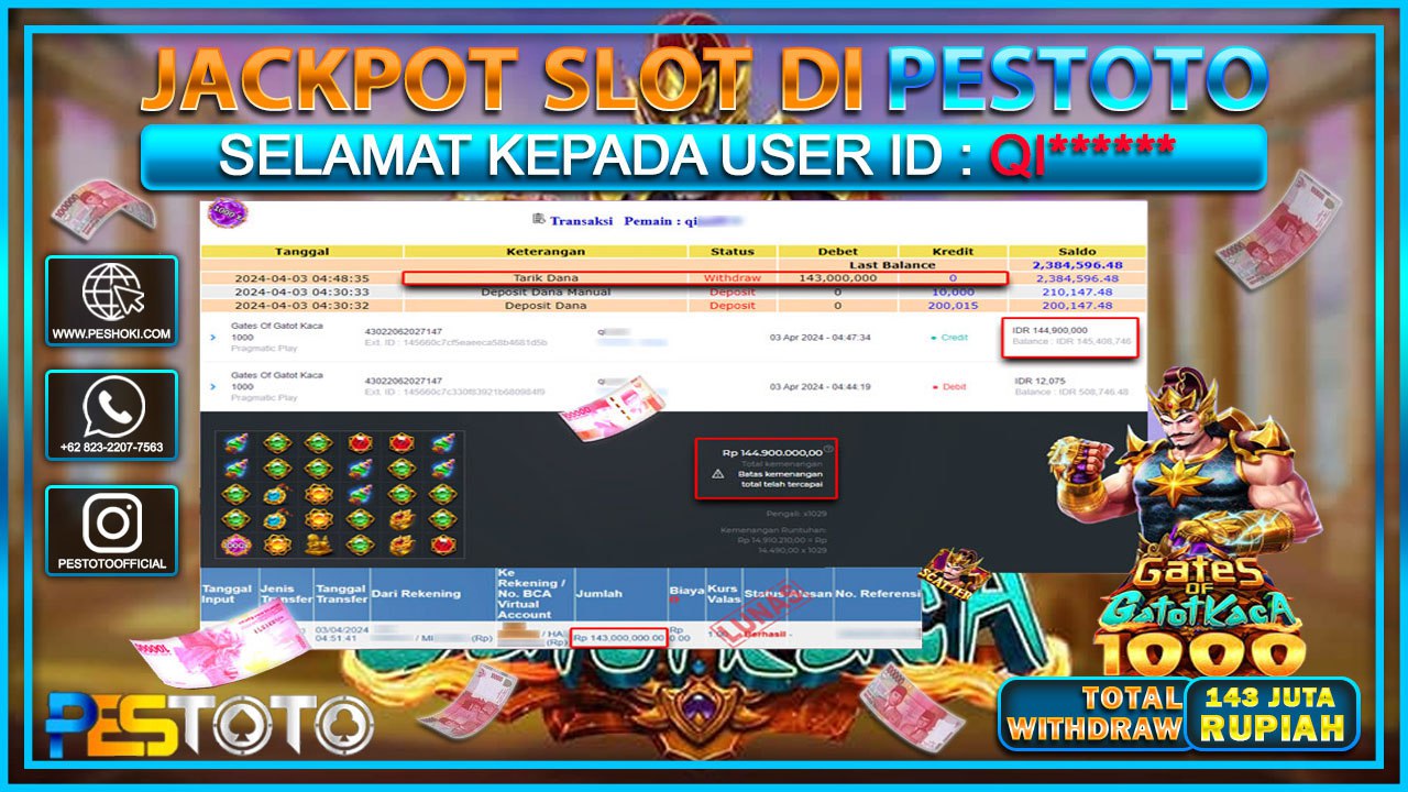 HANYA DI PESTOTO JP PASTI DI BAYAR LUNAS DAN CEPAT!!!!!! JP SLOT {  GATES OF GATOT KACA  1000 } Rp.143.000.000 !!!!!