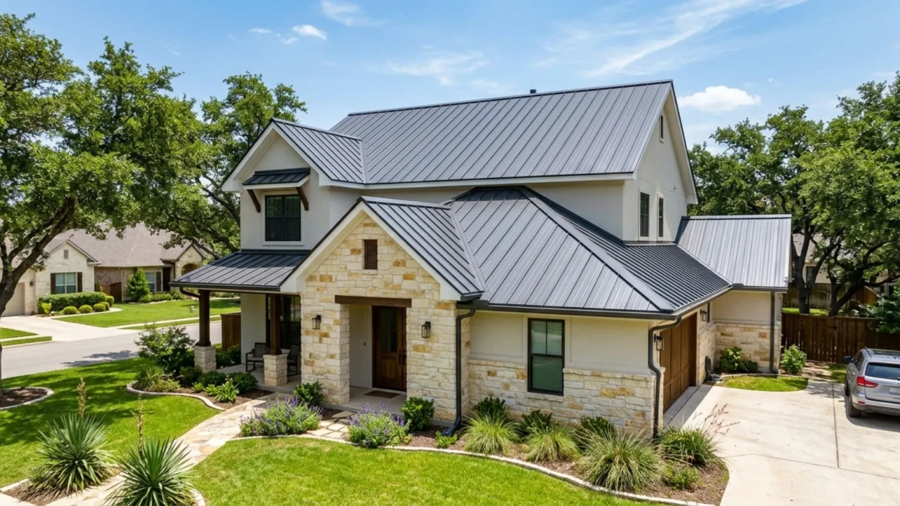 Completed aluminum roof installation on San Antonio home with gutters and trim