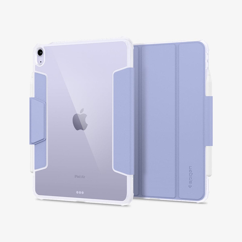 El forro Spigen Ultra Hybrid Pro con su soporte desplegado, sosteniendo el iPad.