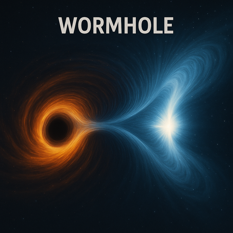 Diagram of a wormhole connecting a black hole and a white hole.