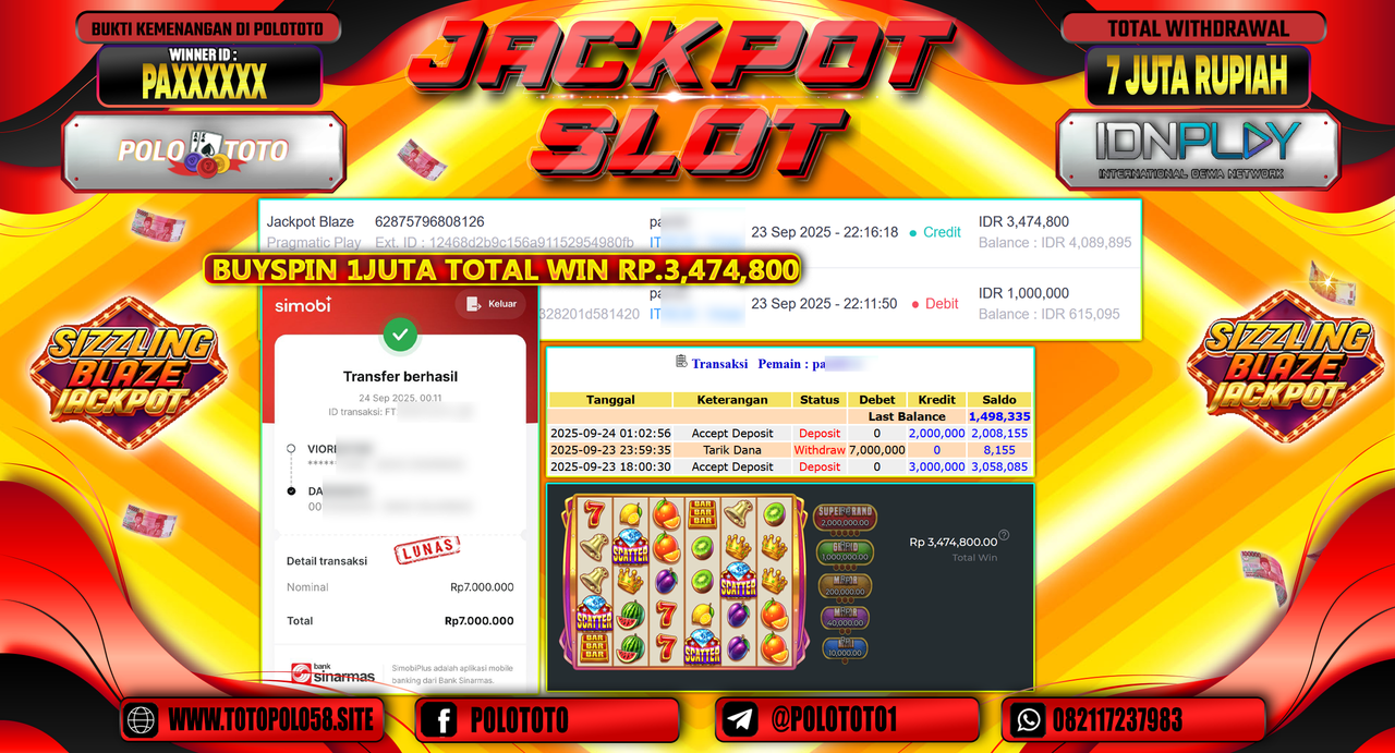 POLOTOTO JACKPOT SLOT JACKPOT BLAZE Rp.7.000.000,- LUNAS