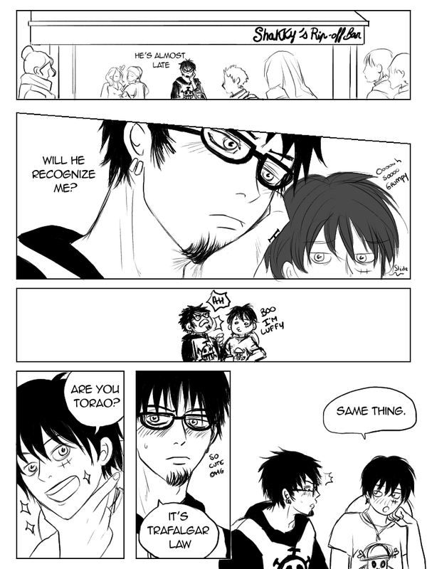 Page 12. Law waits at Shakky's Rip-off Bar. He wonders if Luffy will recognize him when Luffy arrives and mispronounces his name right away.