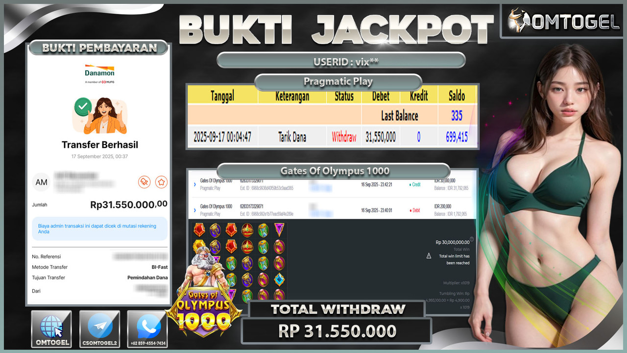 OMTOGEL JACKPOT PRAGMATIC PLAY GATES OF OLYMPUS 1000 31 JUTA DI BAYAR LUNAS ,-