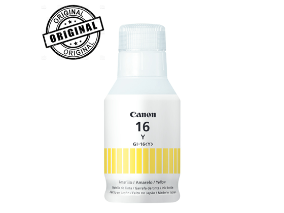 Botella de tinta original Canon GI-16 de color amarillo.