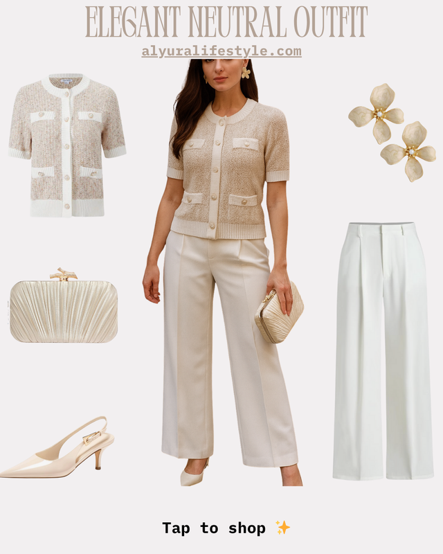 Elegant Neutral Outfit | Tweed Cardigan & White Trousers Chic 🤍