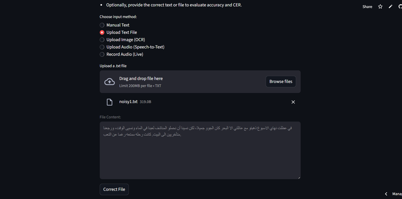 Arabic Noisy Text Correction feature 2 screenshot - AI/ML/NLP project