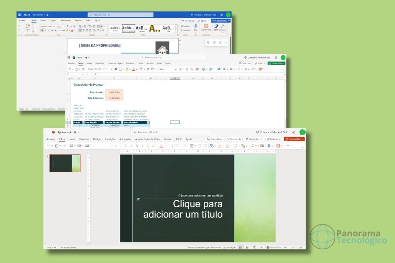 A imagem mostra um print das telas do Microsoft Word, Excel e Porwerpoint da versão gratuida do pacote office, a versão online.