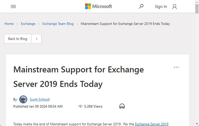 Mainstream Support for Exchange Server 2019 Ends Today