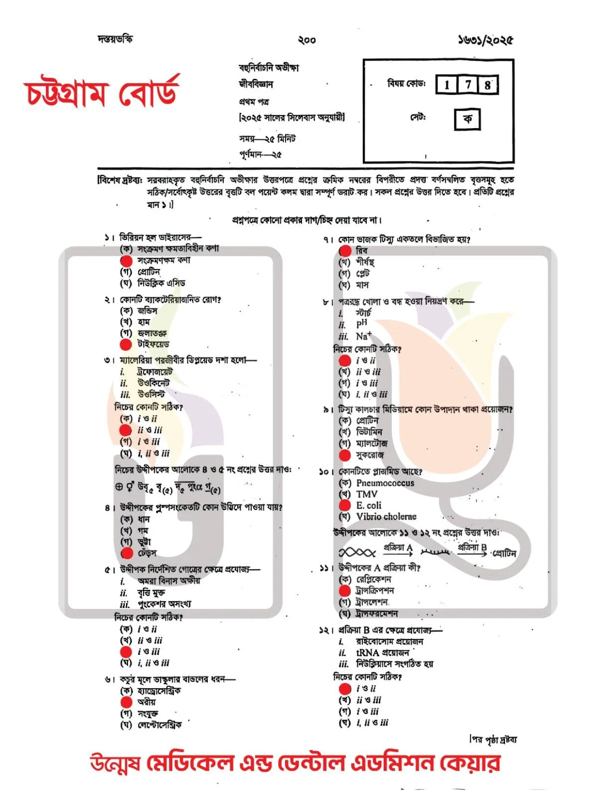 চট্টগ্রাম বোর্ড এইচএসসি জীববিজ্ঞান ১ম পত্র প্রশ্ন সমাধান ২০২৫
