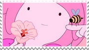 A stamp of princess bubblegum holding a flower and a bee