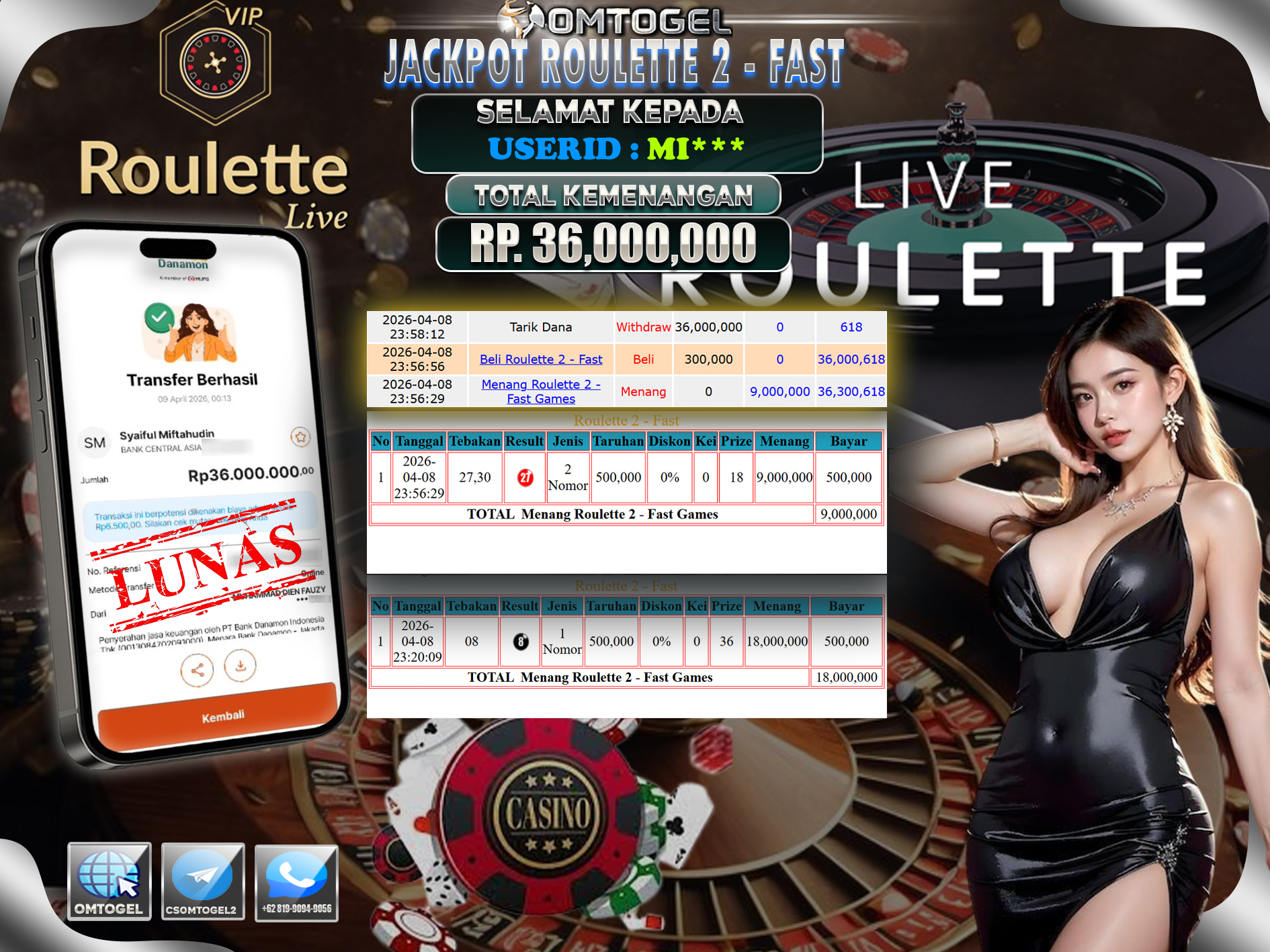 OMTOGEL JACKPOT LIVE GAMES ROULETTE 2 FAST ,36 JUTA DI BAYAR LUNAS ,-
