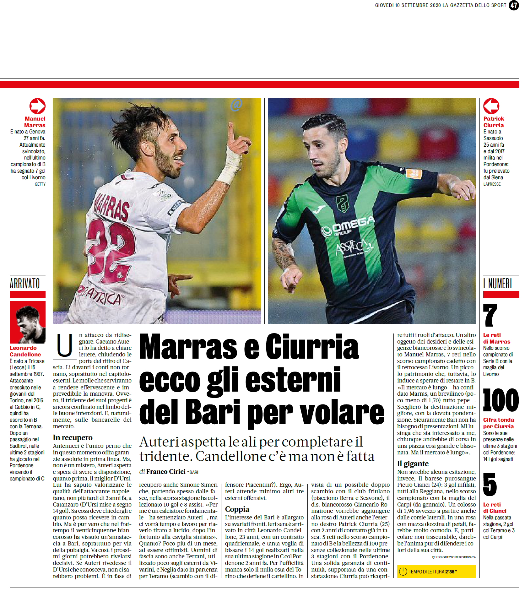 10/09/20 - GdS - Marras e Ciurria  ecco   gli esterni Gds