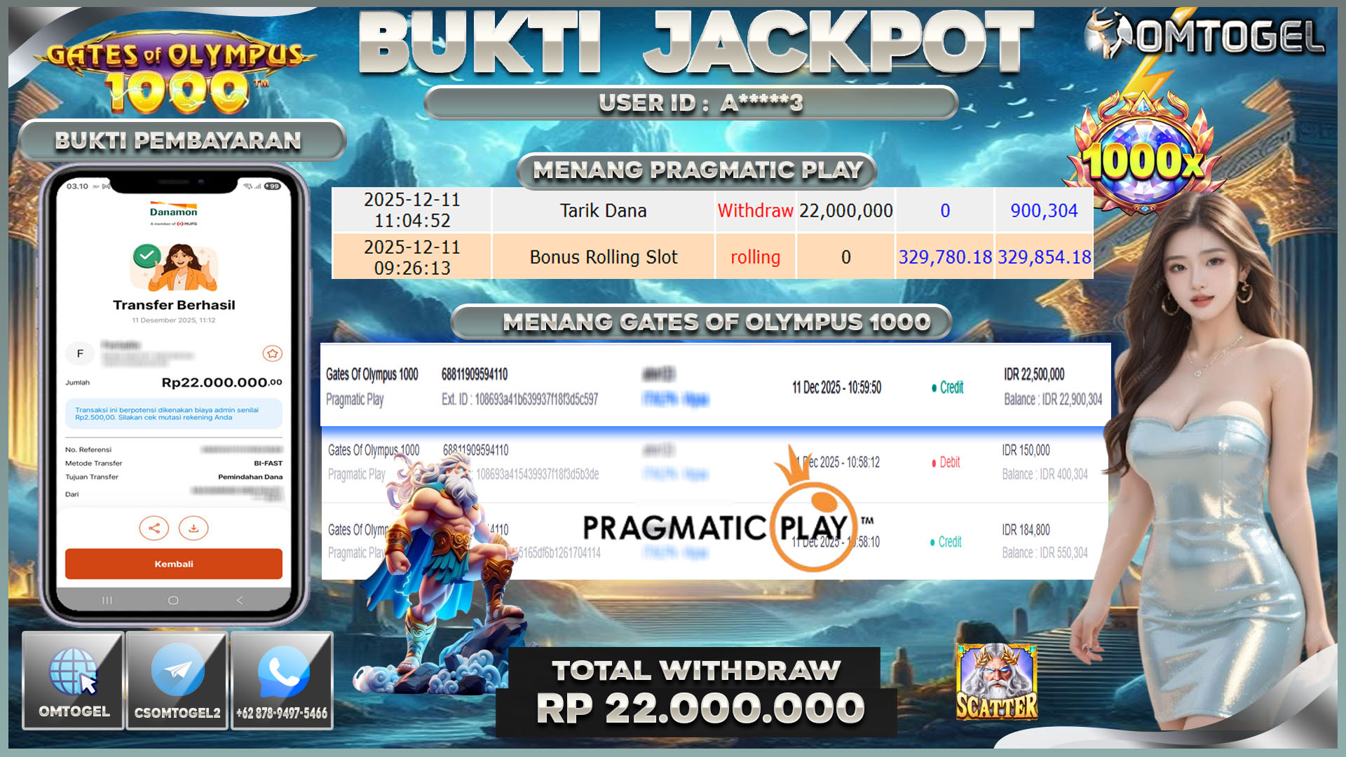 OMTOGEL JACKPOT PRAGMATIC PLAY GATES OF OLYMPUS 1000 ,22 JUTA DI BAYAR LUNAS ,-