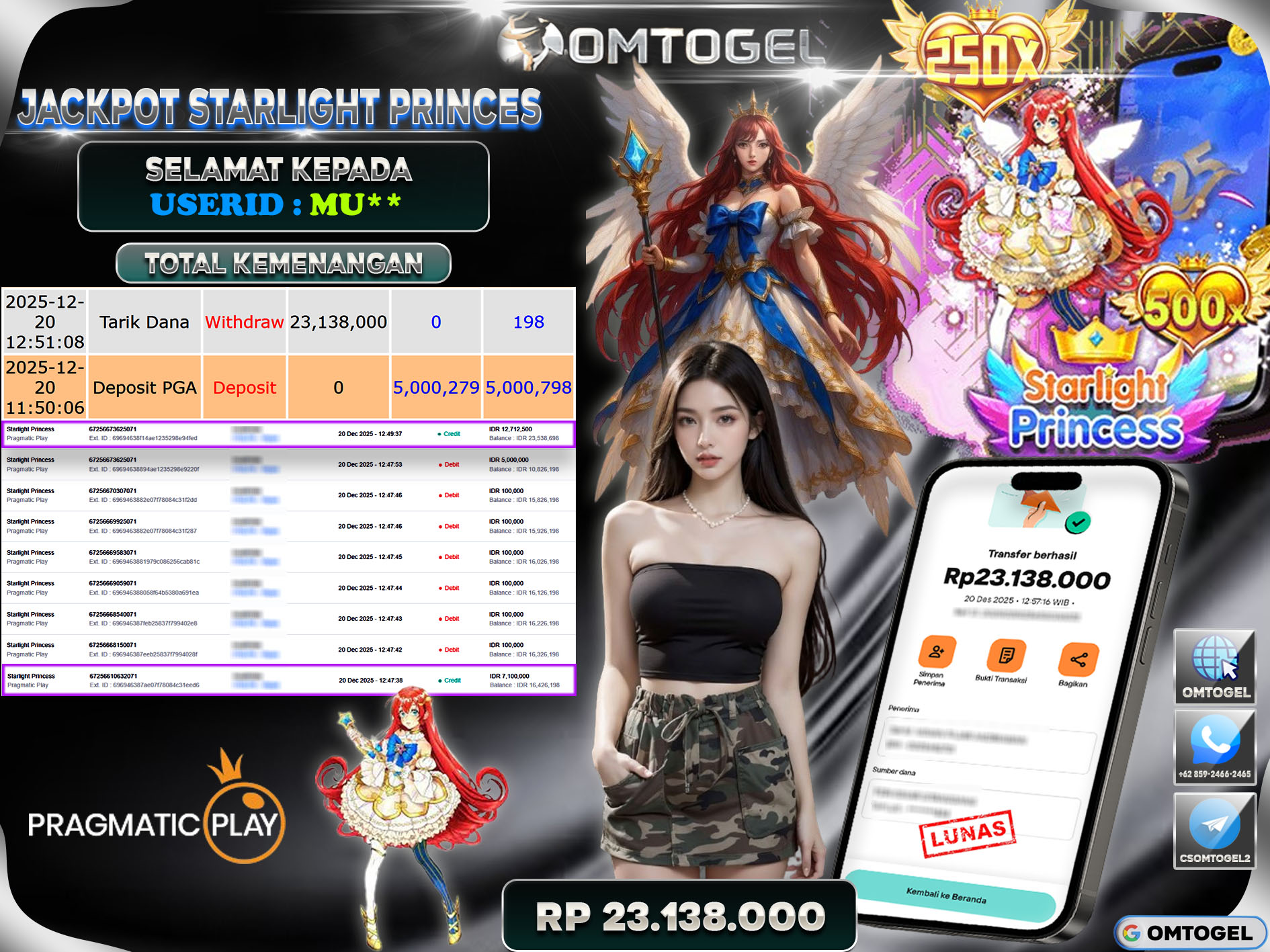 OMTOGEL JACKPOT PRAGMATIC PLAY STARLIGHT PRINCESS ,23 JUTA DI BAYAR LUNAS ,-