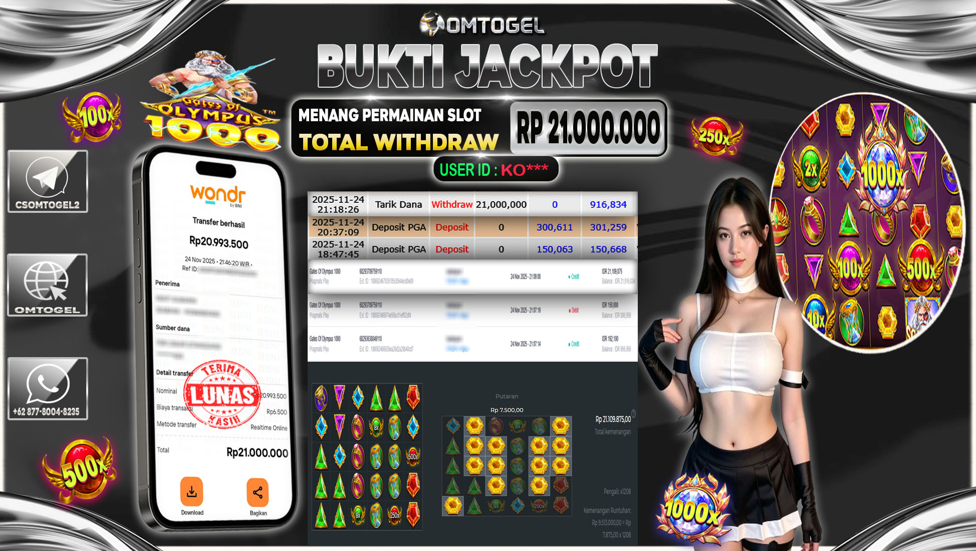 OMTOGEL JACKPOT PRAGMATIC PLAY  GATES OF OLYMPUS 1000  ,21 JUTA DI BAYAR LUNAS ,-