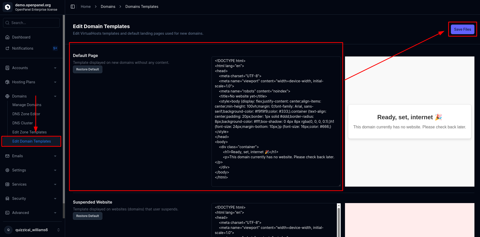 Edit default page in OpenAdmin