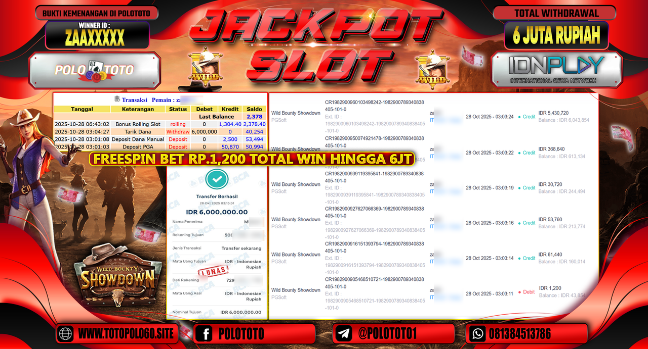 POLOTOTO JACKPOT SLOT WILD BOUNTHY SHOWDOWN Rp.6.000.000,- LUNAS