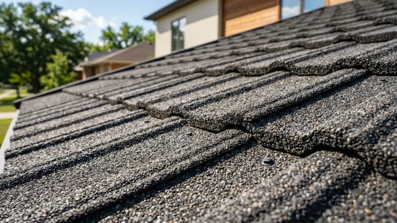 Stone coated steel metal roof panels close up detail residential