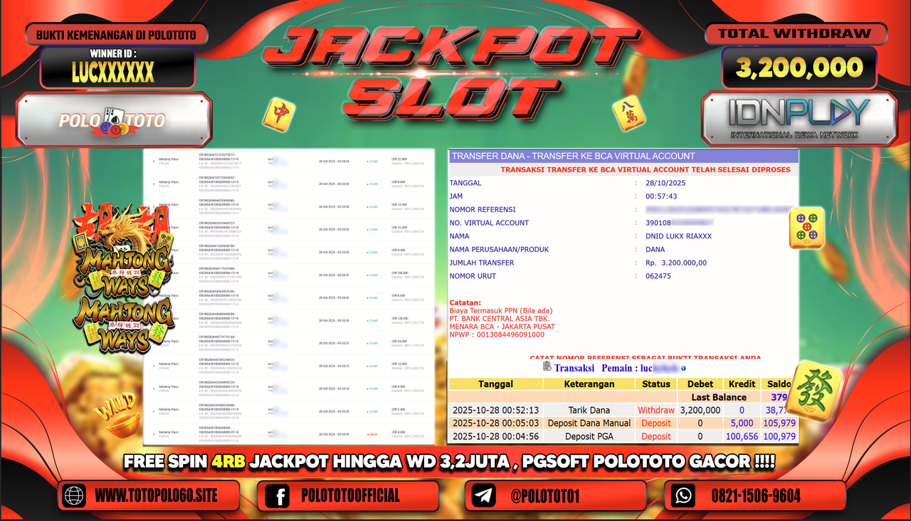 POLOTOTO JACKPOT SLOT MAHJONG WAYS Rp.3.200.000,- LUNAS