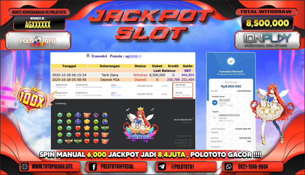 POLOTOTO JACKPOT SLOT STARLIGHT PRINCESS Rp.8.500.000,- LUNAS
