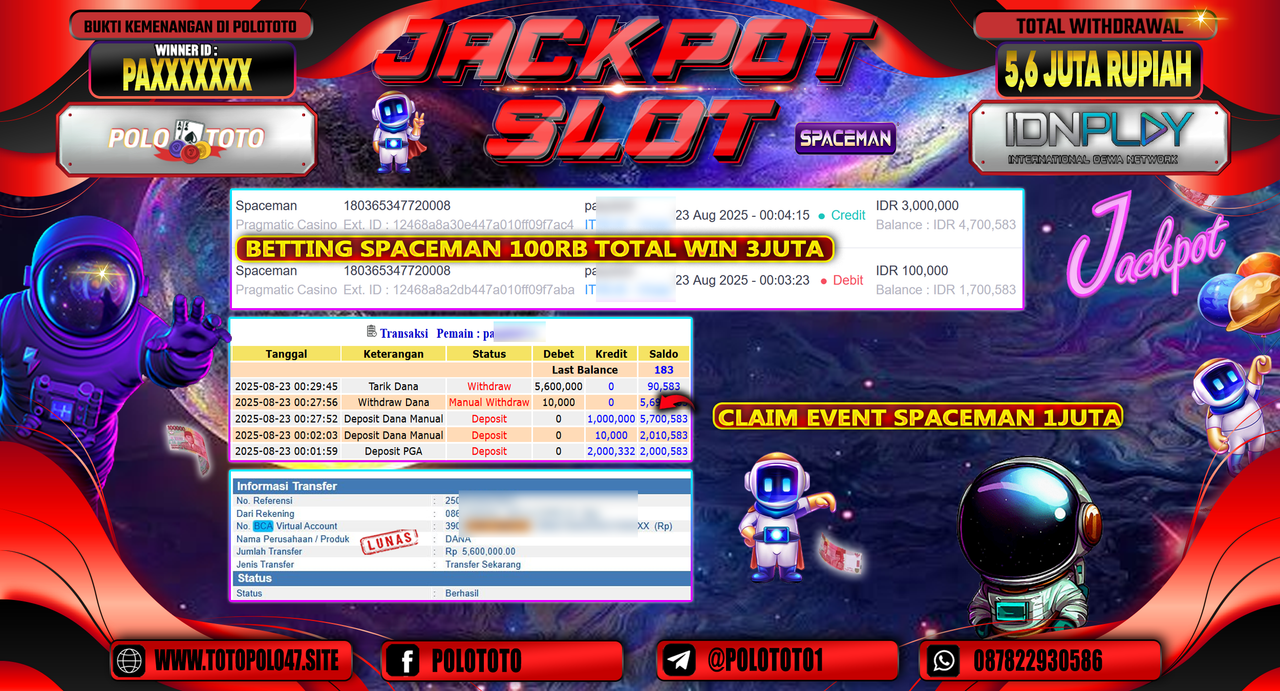 POLOTOTO JACKPOT SLOT SPACEMAN Rp.5.600.000,-