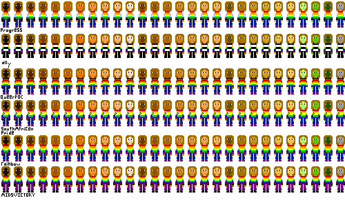 a row of people with pride flag shirts and brownish blond hair