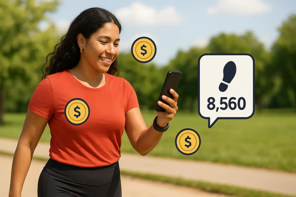 Aplicaciones para ganar dinero caminando en América Latina Mujer caminando con celular y ganando dinero con apps en América Latina