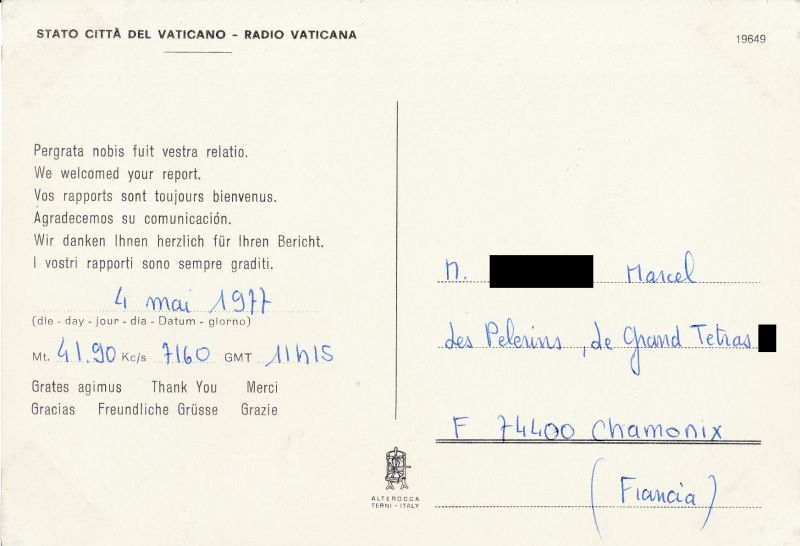 QSL de R.VATICAN  QSL-R-VATICAN-1977-verso