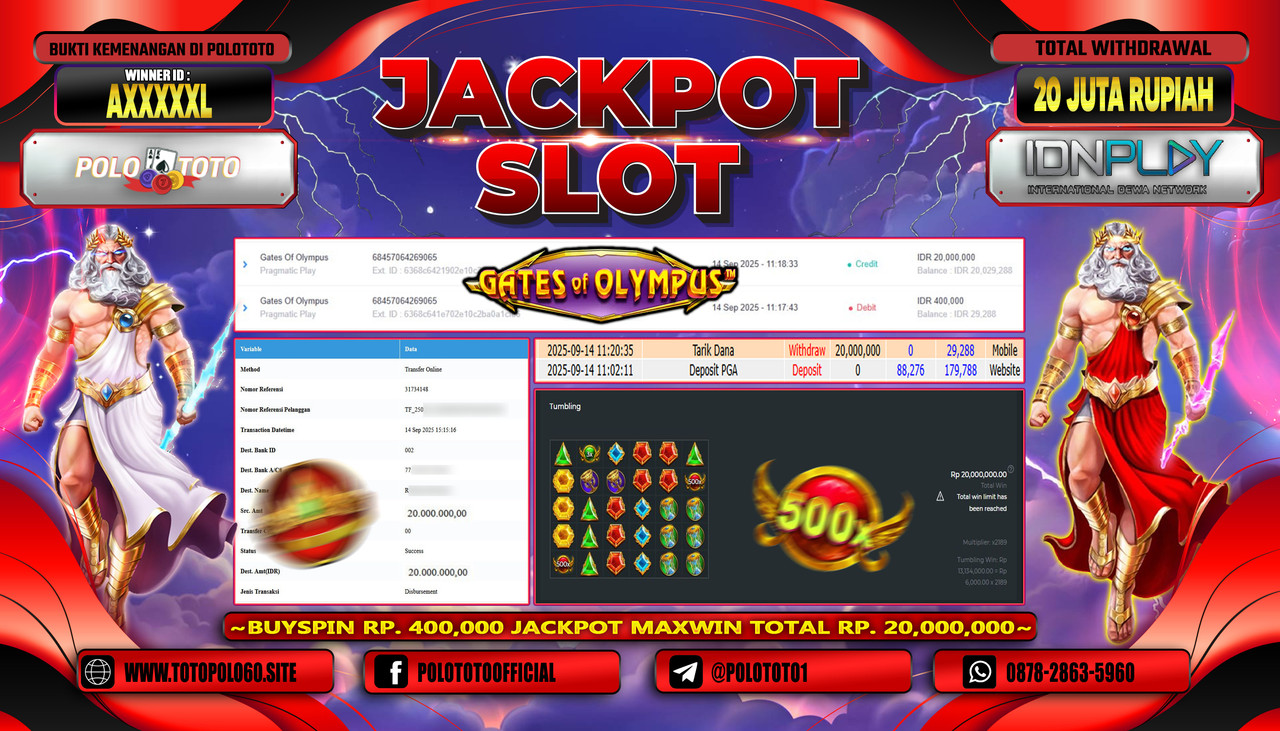 POLOTOTO JACKPOT SLOT GATES OF OLYMPUS Rp.20.000.000,-LUNAS