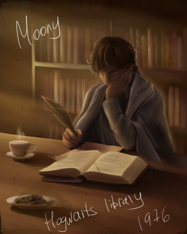 Moony dozing off in the library while holding a quill, writing on parchment, book in front of him. A throw blanket is on his shoulders, tea and cookies on the table