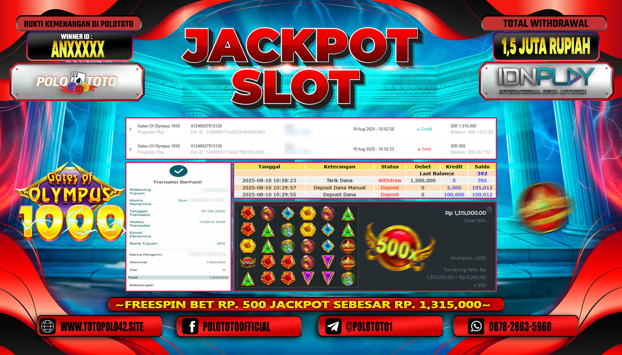 POLOTOTO JACKPOT SLOT GATES OF OLYMPUS 1000 Rp.1.500.000,-LUNAS