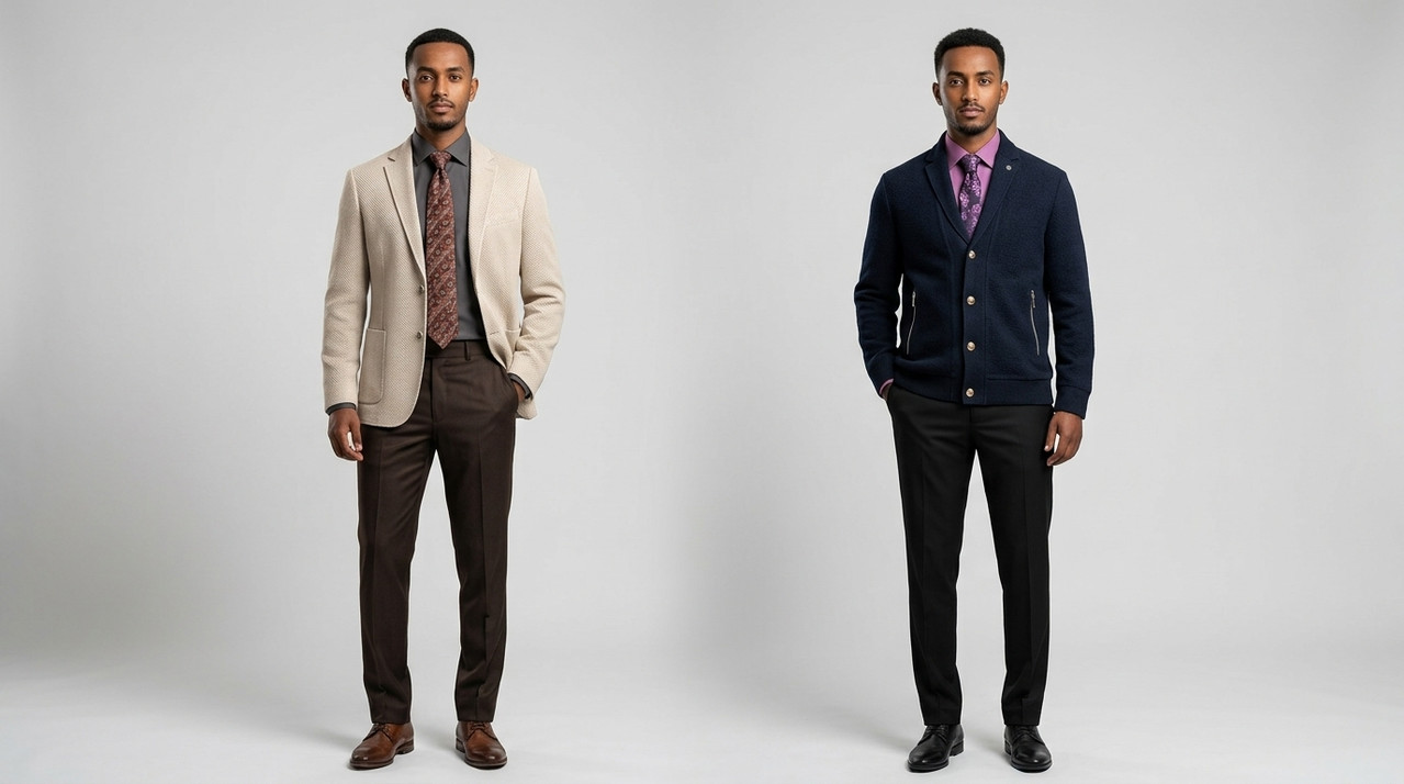 Modern casual outfit for men featuring clean design and natural fabric texture on an Ethiopian model