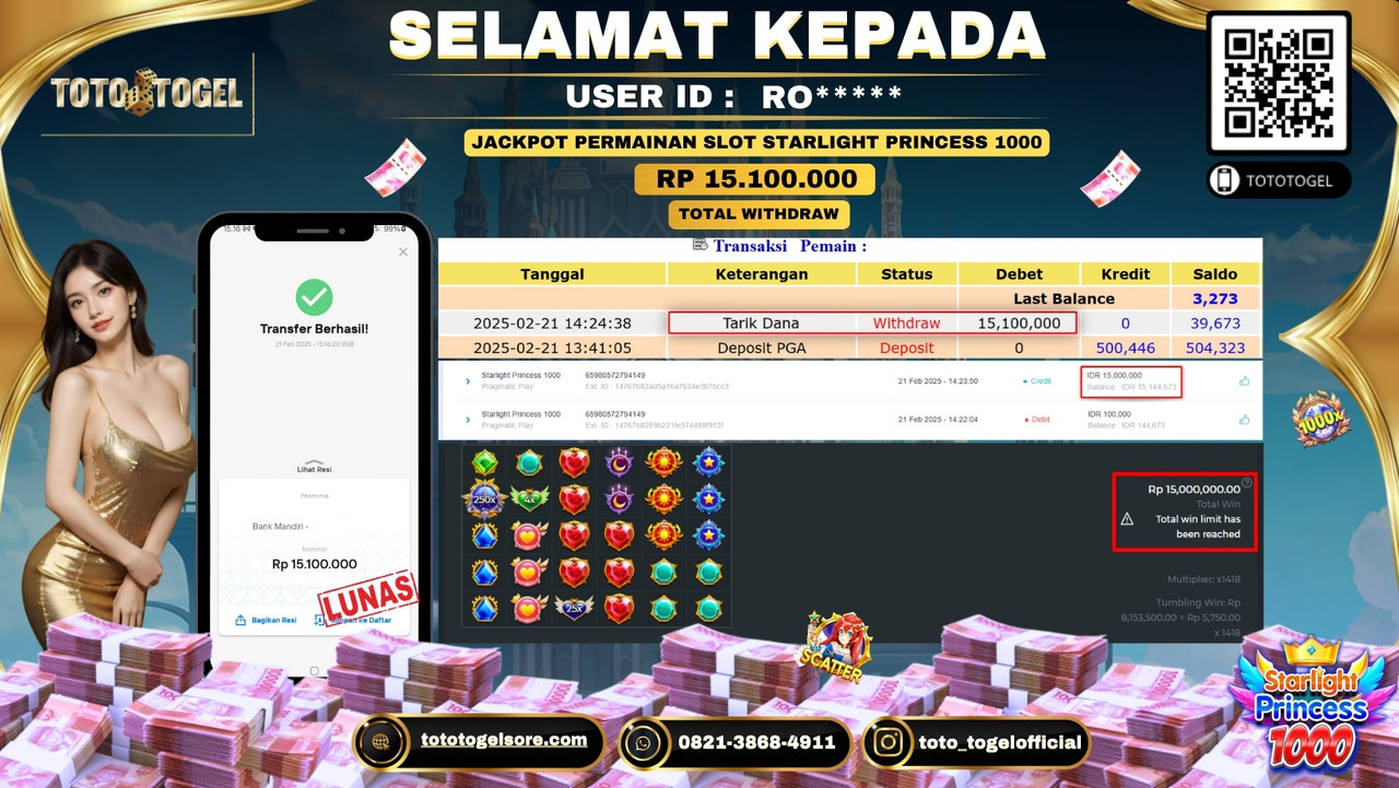 Bukti Pembayaran Jackpot  Permainan Slot Starlight Princess 1000  ID:RO***** LUNAS