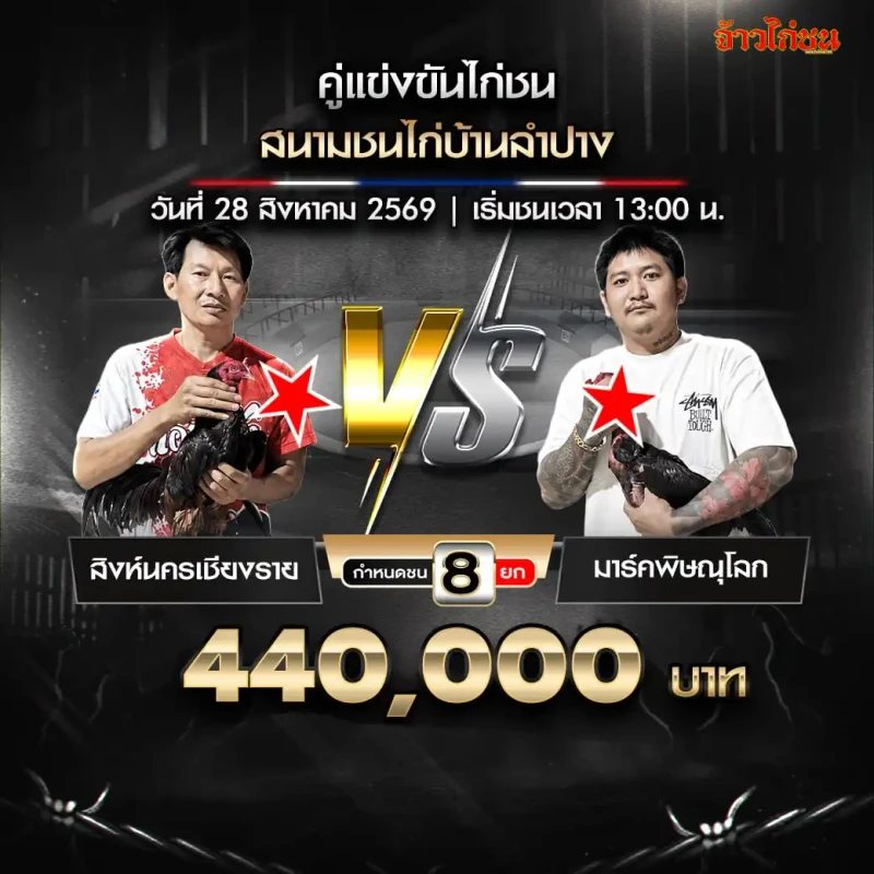 สิงห์นครเชียงราย พบ มาร์คพิษณุโลก สนามชนไก่บ้านใหม่ลำปาง วันที่ 28 สิงหาคม 2569