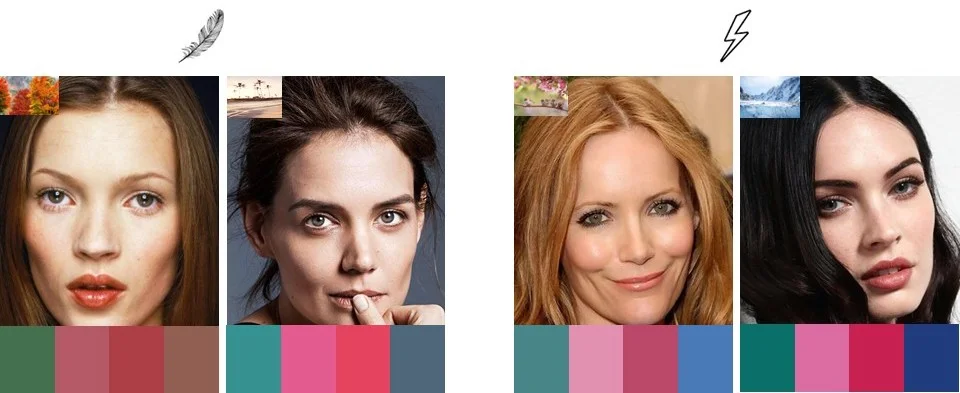 Exemples de célébrités illustrant la dominante Intensité en colorimétrie 12 saisons : Katie Holmes (Été Doux), Kate Moss (Automne Doux), Leslie Mann (Printemps Lumineux) et Megan Fox (Hiver Lumineux).