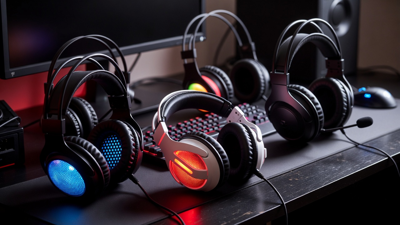 Collection of best gaming headsets under 100 dollars laid out on a dark gaming desk