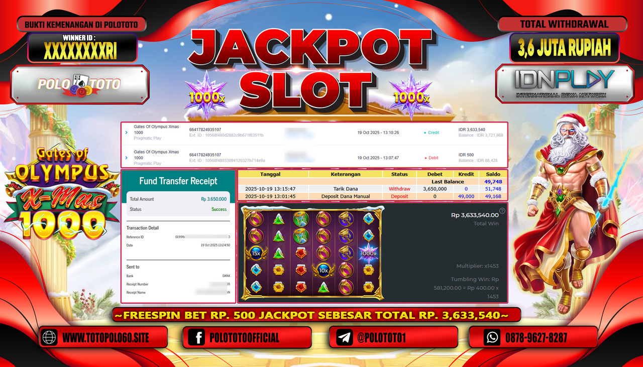 POLOTOTO JACKPOT SLOT GATES OF OLYMPUS XMAS 1000 Rp.3.600.000,- LUNAS