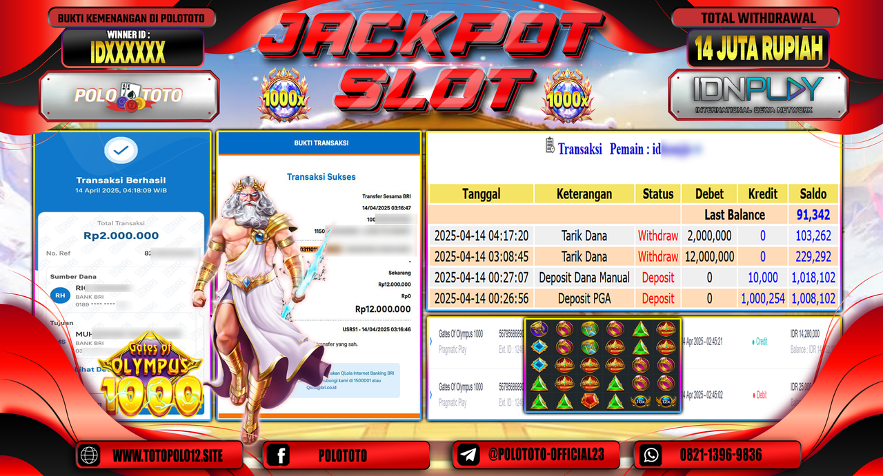 POLOTOTO JACKPOT SLOT GATES OF OLYMPUS 1000  Rp.14.000.000,-