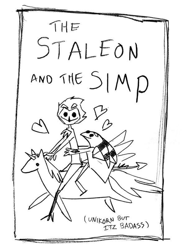 Blitz's drawing of another book cover, this one called The Stallion and the Simp featuring him and Stolas on horseback
