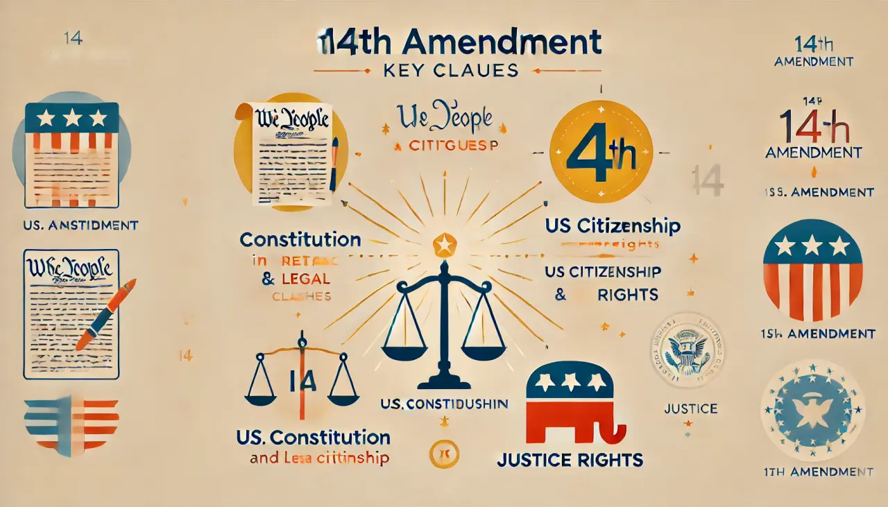Diagram explaining the 14th Amendment’s interpretation, focusing on citizenship and legal rights in the US.