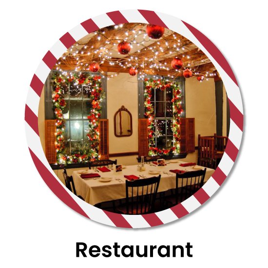 Restaurant decorations for Christmas featuring beautiful pixel lights, tinsel garlands, and hanging balls from the ceiling