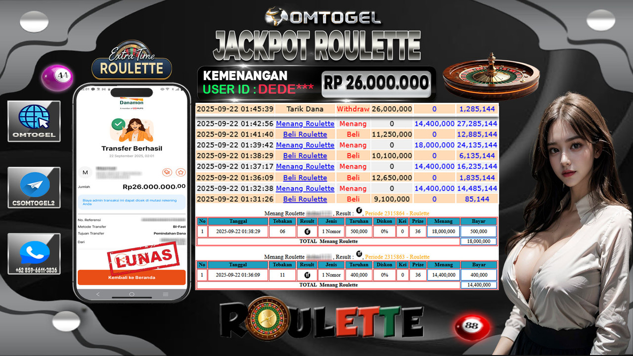 OMTOGEL JACKPOT LIVE GAMES ROULETTE 26 JUTA DI BAYAR LUNAS ,-