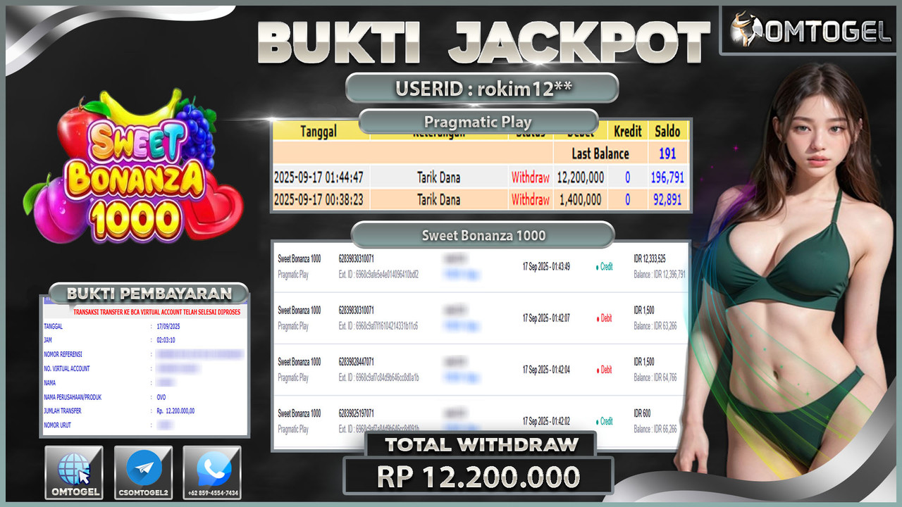 OMTOGEL JACKPOT PRAGMATIC PLAY SWEET BONANZA 1000 12 JUTA DI BAYAR LUNAS ,-