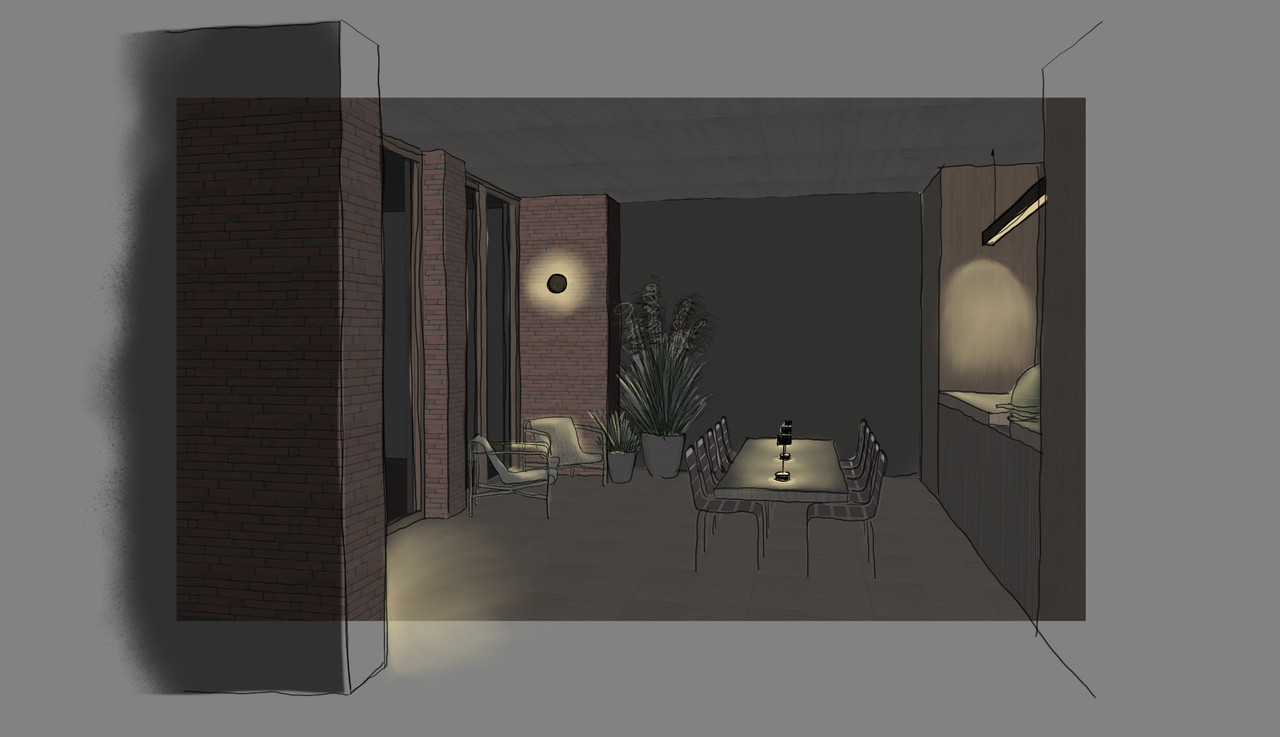 Outdoor space of a single-family home with lighting design for terrace, architecture, and evening use