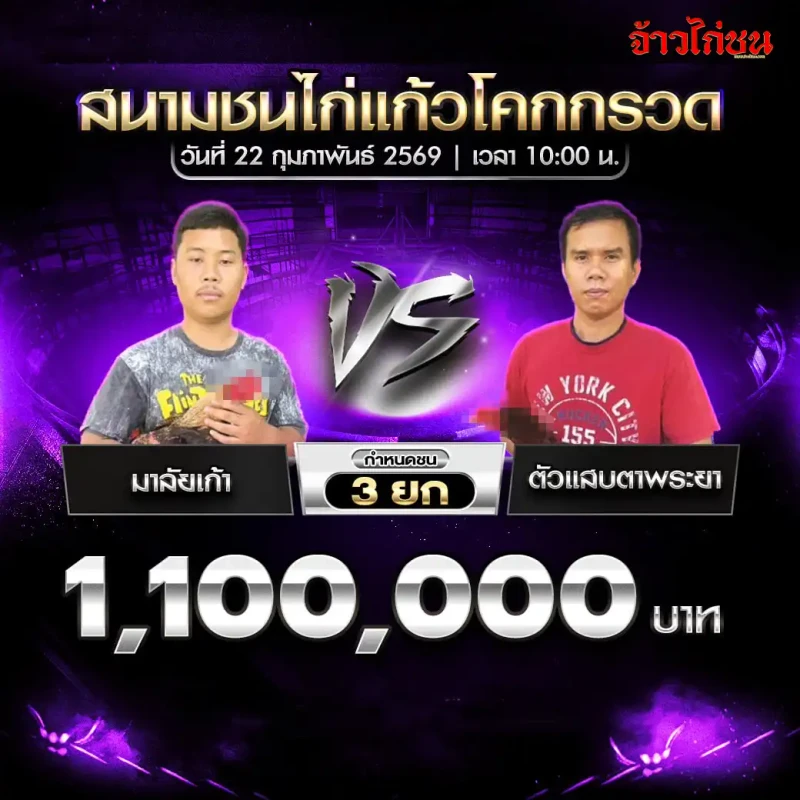 คู่ที่ 4 มาลัยเก้า พบ ตัวแสบตาพระยา ชิงเงิน 1,100,000 บาท กำหนดชน 3 ยก สนามชนไก่แก้วโคกกรวด 22 กุมภาพันธ์ 2569