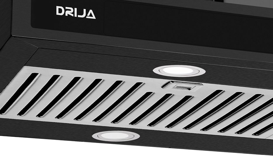 Extractor de Grasa Drija Quadrato Isla 90 Black con diseño moderno y compacto.