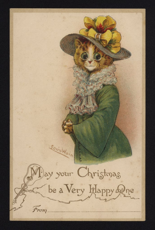 Louis-Wain-Cat-wearing-a-womans-hat-and-coat-Christmas-greetings-card-chromolitho-Meister-Druc