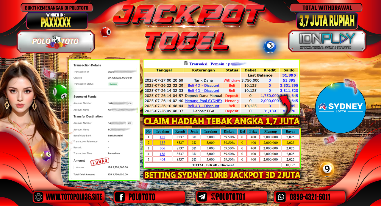 POLOTOTO JACKPOT TOGEL SYDNEY LOTTO Rp.3.700.000,- LUNAS