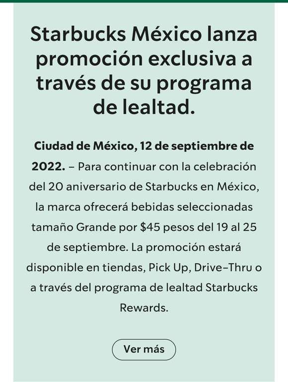 Starbucks Rewards - Bebidas Grandes seleccionas a 45 pesos 
