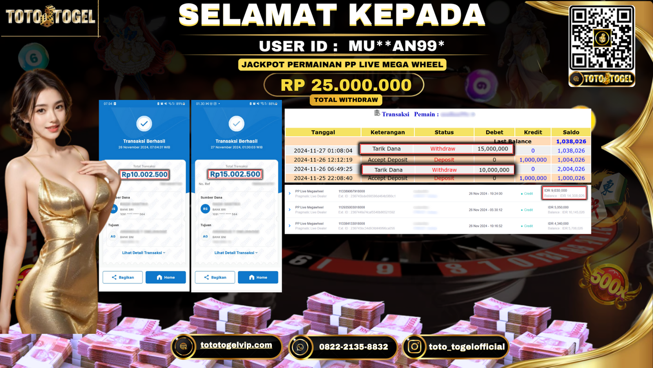 Bukti Pembayaran Jackpot Permainan PP Live Mega Wheel  ID: MU**AN99* LUNAS 